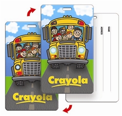 Lenticular Luggage tag with Backpack tag with school bus full of children. Back to school and the wheels on the bus go round and round animation, flip