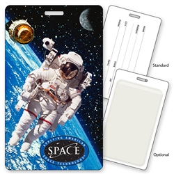 Lenticular luggage tag with NASA astronaut floats in Earth orbit with a satellite and the Moon, depth