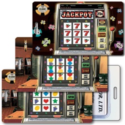 Lenticular luggage tag with Las Vegas casino slot machine spins reels for a jackpot, animation