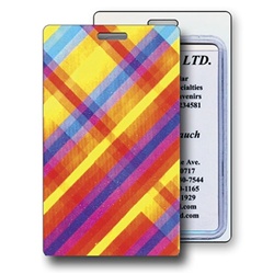 Lenticular luggage tag with colorful rainbow plaid pattern, color changing