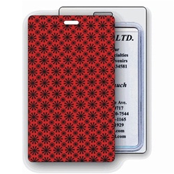 Lenticular luggage tag with red spinning wheels on white background, animation