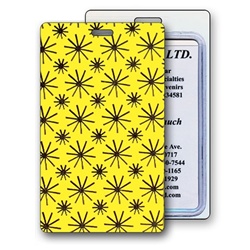 Lenticular luggage tag with black spinning wheels on yellow background, animation