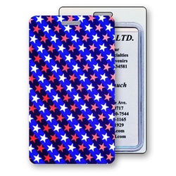 Lenticular luggage tag with USA American flag, red, white and blue stars, color changing flip