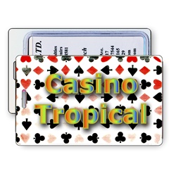 Lenticular luggage tag with Las Vegas casino playing cards with clubs, spades, diamonds, and hearts, color changing flip