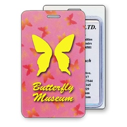 Lenticular luggage tag with yellow, red, and green butterflies on a pink background, color changing flip