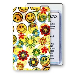 Lenticular luggage tag with cute yellow flowers and happy faces, flip with