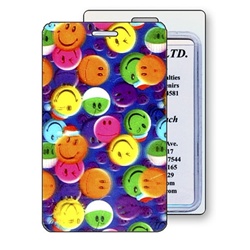 Lenticular luggage tag with multi colored smiley faces, depth