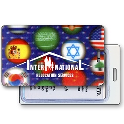 Lenticular luggage tag with international flags including USA, Mexico, Canada, France, Israel, Switzerland and more, depth