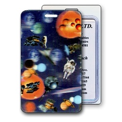 Lenticular luggage tag with universe space ships, planets, comets and asteroids, depth