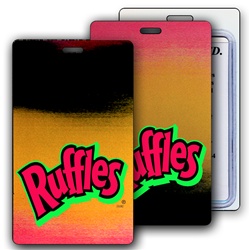 Lenticular luggage tag with red, yellow, and black gradient, color changing