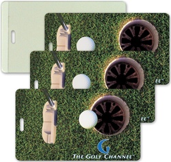 Lenticular luggage tag with putter hits golf ball into hole, animation