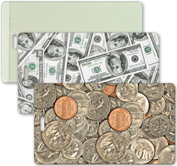 Lenticular luggage tag with USA American money, currency, dollars and coins, flip