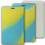 Lenticular luggage tag with yellow, blue, and green, color changing with