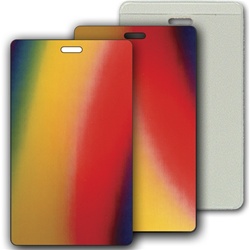 Lenticular luggage tag with red, yellow, blue, and green, color changing