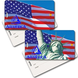 Lenticular privacy tag with Statue of Liberty and American flag, flip
