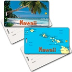 Lenticular privacy tag with tropical Hawaiian palm tree on white sand beach, map of islands, flip