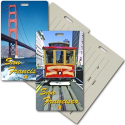 Lenticular privacy tag with San Francisco trolley cable car, Golden Gate Bridge, flip