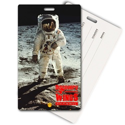 Lenticular privacy tag with NASA explorer astronaut stands on grey dusty Moon in outer space, depth