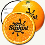 Lenticular luggage tag with circle shaped, orange fruit, sweet and juicy, outer skin and inside flesh, flip