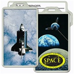 Lenticular acrylic luggage tag with custom design, NASA Discovery space shuttle in orbit, Earth and Moon