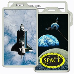 Lenticular acrylic luggage tag with custom design, NASA Discovery space shuttle in orbit, Earth and Moon