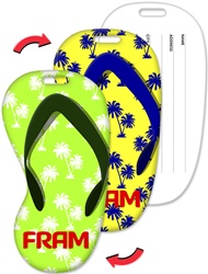 Lenticular luggage tag with flip-flop sandal shaped, blue to white palm tree pattern, green to yellow background, flip