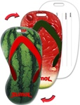 Lenticular luggage tag with flip-flop sandal shaped, juicy red watermelon, green shell outside and seedy wet inside, flip