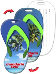 Lenticular luggage tag with flip-flop sandal shaped, tropical Hawaiian palm tree beach with white sand and clouds, flip