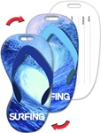 Lenticular luggage tag with flip-flop sandal shaped, totally radical surfing wave on Maui north shore, bright blue, flip