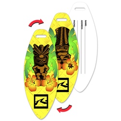 Lenticular luggage tag with surf board shaped, tiki statues and tropical Hawaiian flowers, yellow background, flip