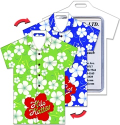 Lenticular luggage tag with t-shirt shaped, tropical Hawaiian white flowes switch from green to blue background, flip