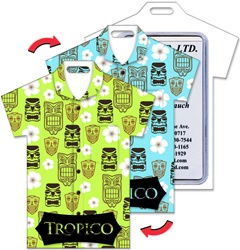 Lenticular luggage tag with t-shirt shaped, black tiki statue pattern switches from green to turquoise background, flip