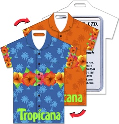 Lenticular luggage tag with t-shirt shaped, tropical Hawaiian lei necklace switches between blue and orange background, flip