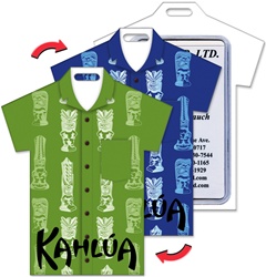 Lenticular luggage tag with t-shirt shaped, tropical Hawaiian white tiki statue pattern, changes from green to blue background