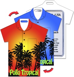 Lenticular luggage tag with t-shirt shaped, tropical Hawaiian palm tree silouette, changes from orange to blue sunset background, flip