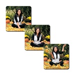 3D Lenticular Flexible Rubber Magnet with custom design, brunette woman sitting in an autumn field of pumpkins and leaves, flip