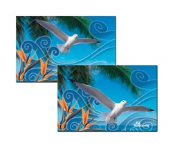 3D Magnet with custom design, white seagull or dove flaps its wings past a tropical Hawaiian palm tree, flip