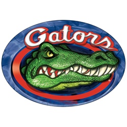 Car magnet with circle shaped, Florida Gators college football team, angry crocodile with sharp teeth and red oval border, depth