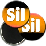 Lenticular magnetic button with red, yellow, and black gradient, color changing