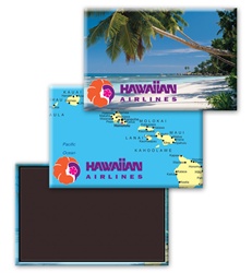 Lenticular Magnetic Rectangle with tropical Hawaiian palm tree on white sand beach, map of islands, flip