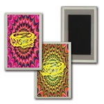 Lenticular acrylic magnet with psychedelic kaleidoscope pattern, yellow-orange and yellow-pink, flip