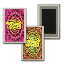 Lenticular acrylic magnet with psychedelic kaleidoscope pattern, yellow-orange and yellow-pink, flip