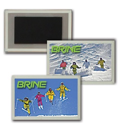 Lenticular Magnet in Acrylic Frame with group of snow skiers jumping off a freshly powdered mountain slope, flip