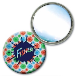 Lenticular 2 1/4" in diameter mirror with red, blue, and green spinning wheels, white background, animation