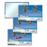 Lenticular mirror with palm trees, umbrella, and lawn chair appear on a tropical Hawaiian beach, flip