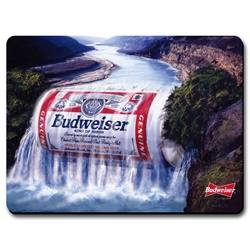 Lenticular mouse pad with custom design, waterfall flows over a Budweiser red and white vintage can, animation