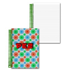 Lenticular 4 x 6 inches 3D notebook with red, blue, and green spinning wheels, white background, animation