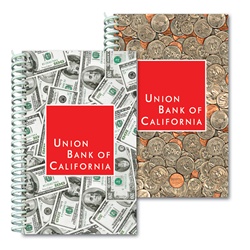 Lenticular notebook with USA American money, currency, dollars and coins, flip