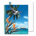 Lenticular notebook with white seagull swoops past a palm tree, bird of paradise, and cruise ship on a tropical Hawaiian beach