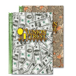 Lenticular 6 x 9 inches 3D notebook with USA American money, currency, dollars and coins, flip